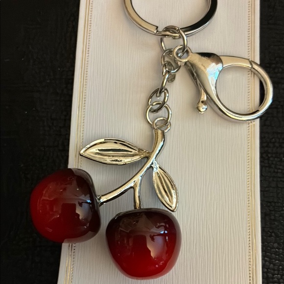 Cherry Keychain or Bag Charm with Green Glitter Leaves & Silver Accents - Picture 3 of 3